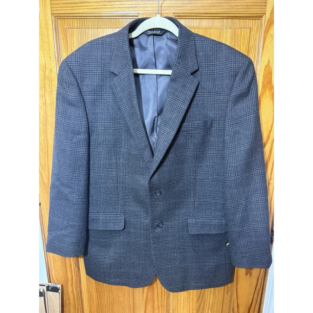 JOS A BANK men Grey Black WINDOWPANE 100% WOOL sport coat suit jacket blazer 43R